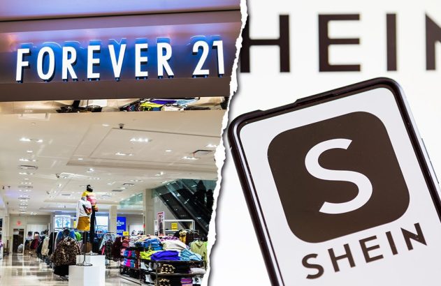 Varejo de moda: loja Forever 21 e app Shein em smartphone, imagem dividida.