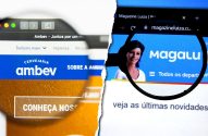 Telas de computador exibem os sites da Ambev (com lupa) e Magalu.