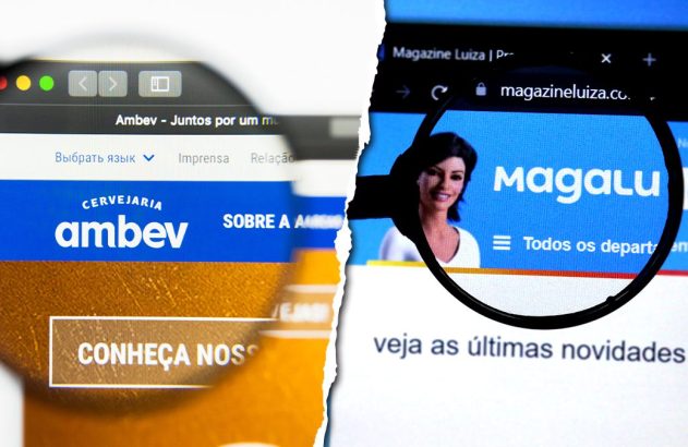 Telas de computador exibem os sites da Ambev (com lupa) e Magalu.