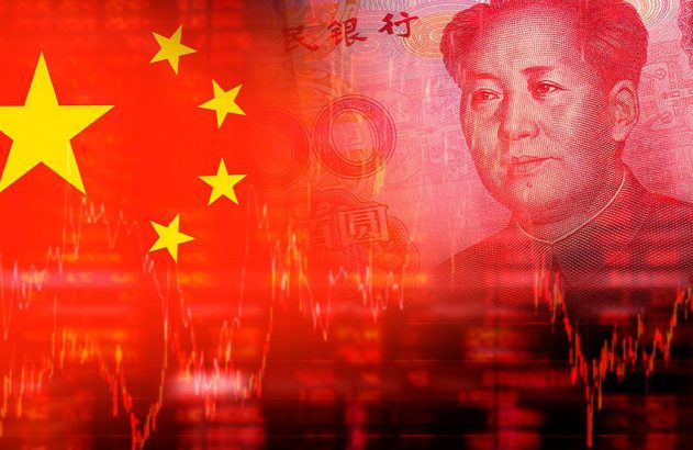 Bandeira da China e nota de Yuan com Mao Zedong, sobrepostos a gráficos financeiros em tons de vermelho.