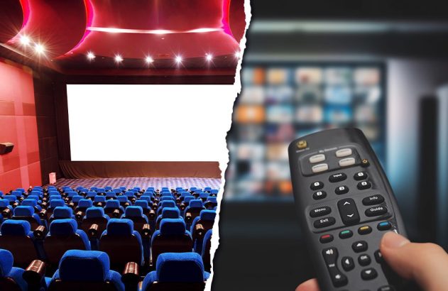 Cinema vazio à esquerda; mão segurando controle remoto para TV à direita.