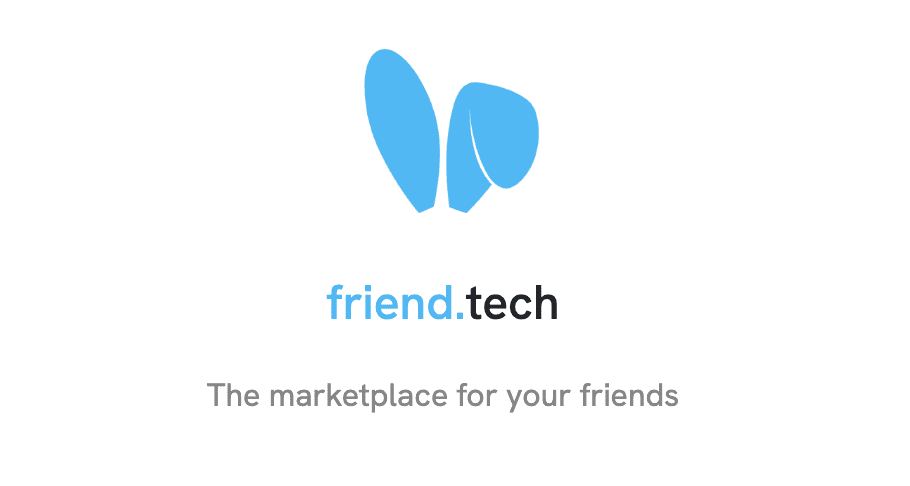 Logotipo friend.tech, com duas formas curvas azuis no topo. Abaixo, o texto "The marketplace for your friends".