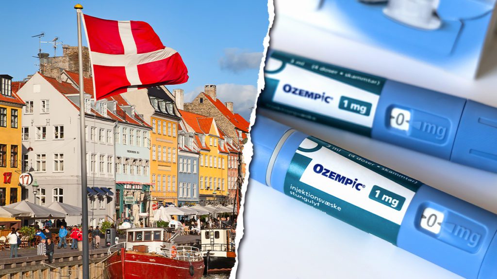 Bandeira da Dinamarca e Copenhagen à esquerda; canetas de Ozempic à direita, ligando o país ao medicamento.