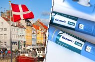 Bandeira da Dinamarca e Copenhagen à esquerda; canetas de Ozempic à direita, ligando o país ao medicamento.