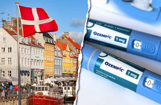 Bandeira da Dinamarca e Copenhagen à esquerda; canetas de Ozempic à direita, ligando o país ao medicamento.