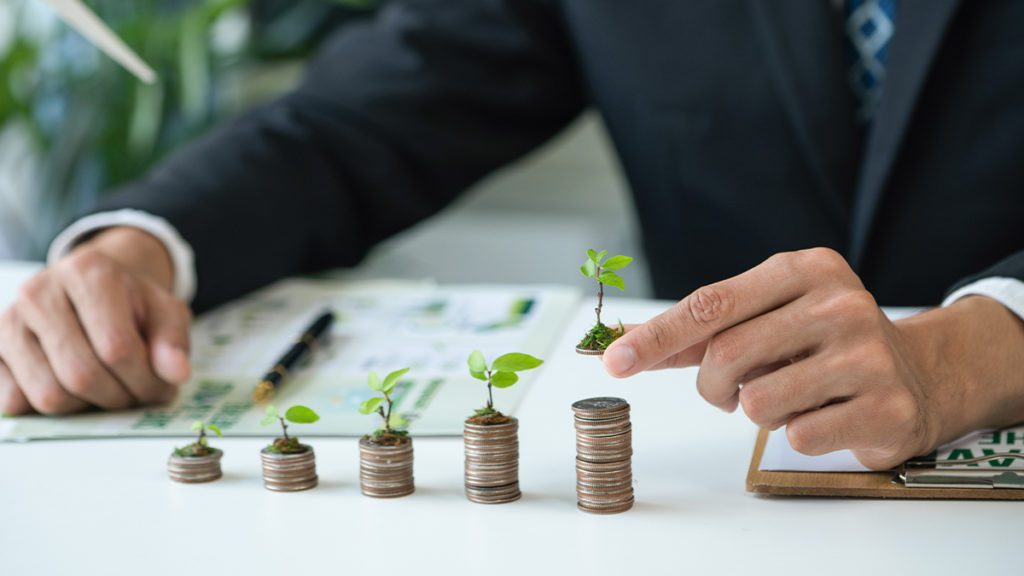 Mão em terno adiciona muda a pilha de moedas, ao lado de outras pilhas com plantas. Representa crescimento financeiro.