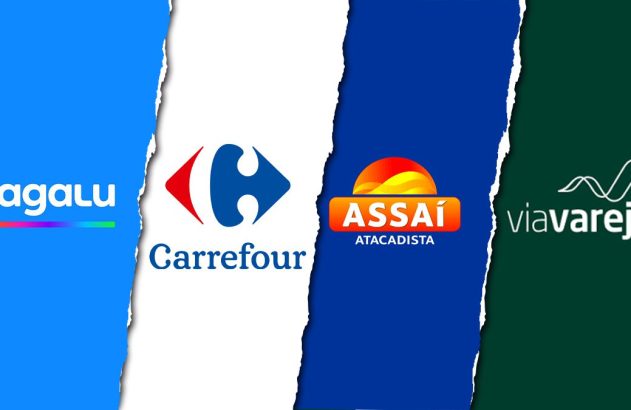 Logos das empresas brasileiras Magalu, Carrefour, Assaí Atacadista e Via Varejo, divididos por um rasgo.