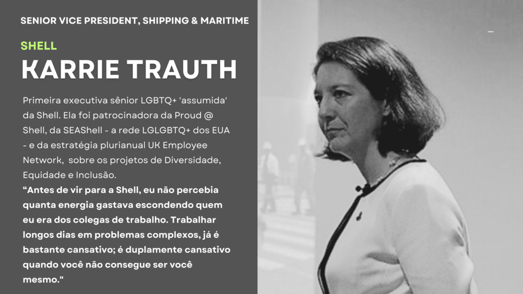 Karrie Trauth em retrato P&B com texto da Shell sobre inclusão e diversidade.