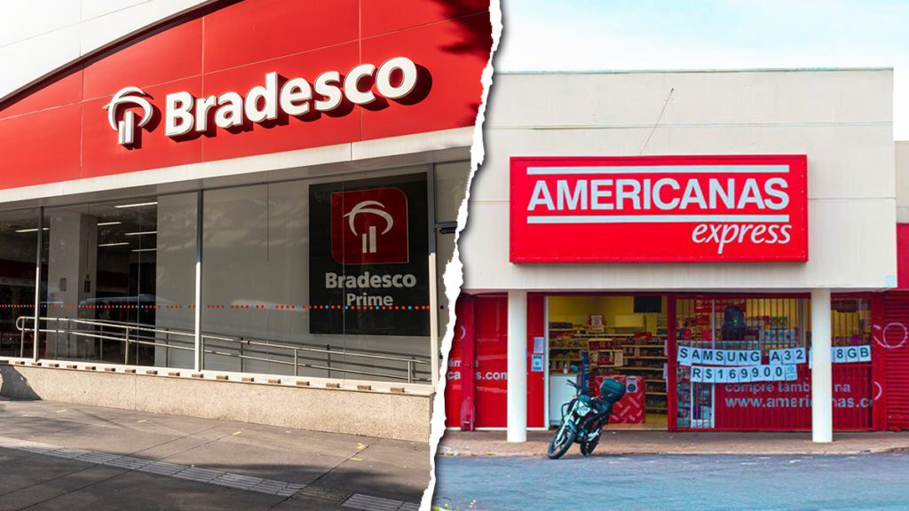 Duas fachadas comerciais lado a lado: agência Bradesco e loja Americanas Express.