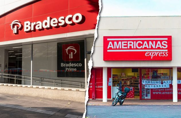 Duas fachadas comerciais lado a lado: agência Bradesco e loja Americanas Express.