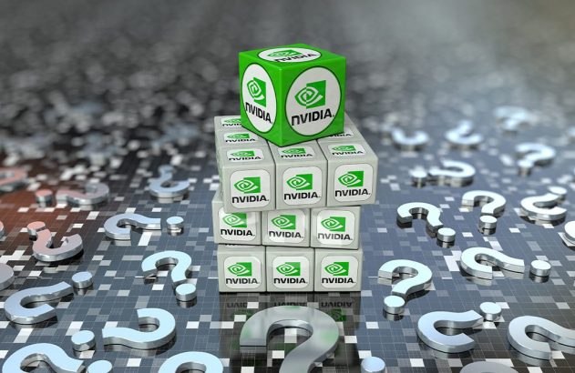 Pilha de cubos NVIDIA (um verde no topo) sobre grade digital com múltiplos pontos de interrogação.