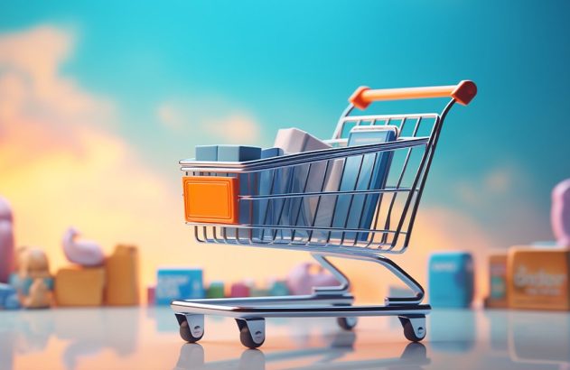 Um carrinho de compras brilhante cheio de pacotes em miniatura sobre superfície reflexiva, fundo gradiente.