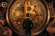 Homem de terno observa grande símbolo de Bitcoin dourado e engrenagens.