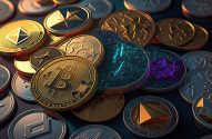 Diversas criptomoedas brilhantes e coloridas, incluindo Bitcoin e Ethereum, empilhadas em um fundo escuro.