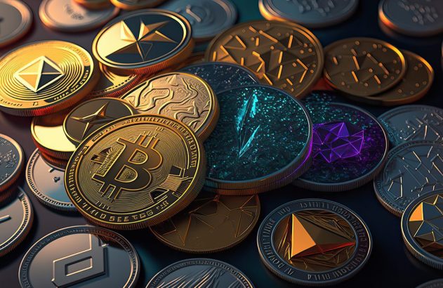 Diversas criptomoedas brilhantes e coloridas, incluindo Bitcoin e Ethereum, empilhadas em um fundo escuro.