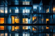 Prédio moderno de vidro à noite, com escritórios iluminados em laranja e azul, e um reflexo espelhado.