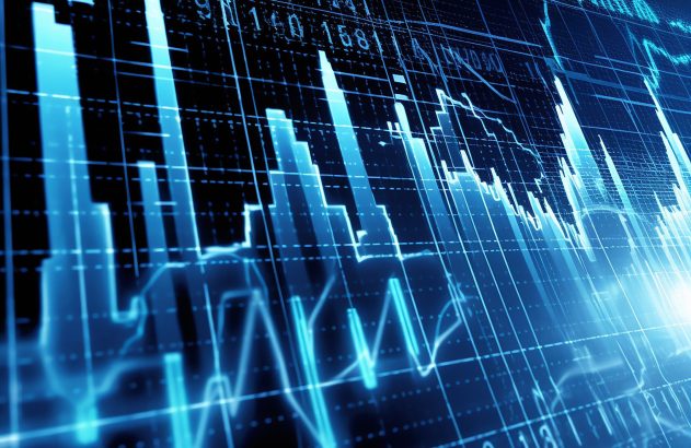Visualização digital de dados: gráficos e linhas azuis em fundo escuro.