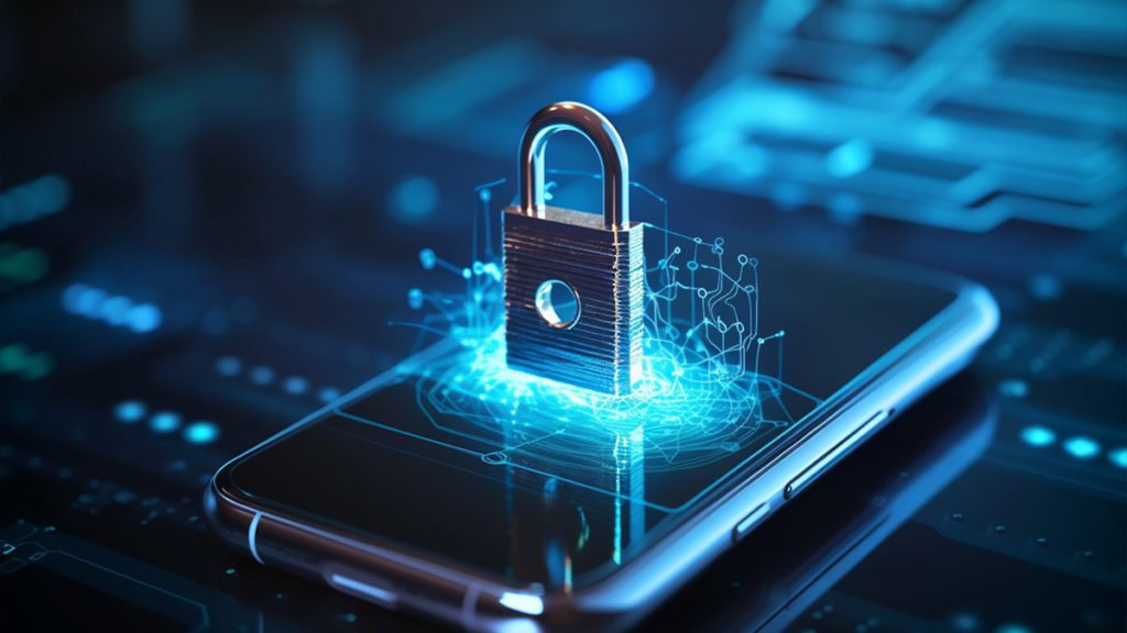 Cadeado digital azul brilhante sobre smartphone, cercado por circuitos, indicando segurança cibernética.