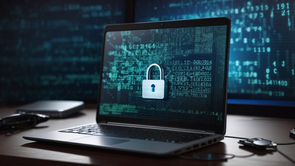 Laptop com cadeado e códigos na tela, simbolizando cibersegurança.