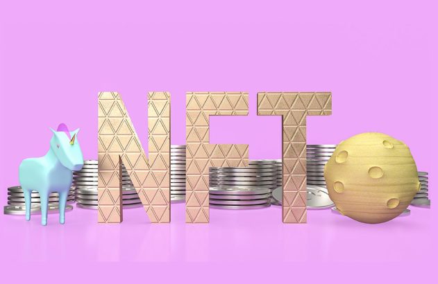 Letras "NFT" douradas, moedas empilhadas, unicórnio azul e uma lua amarela estilizada em fundo rosa.