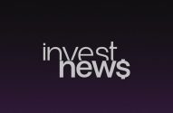 Logotipo "invest news" com o "s" em forma de cifrão ($), sobre fundo roxo escuro.