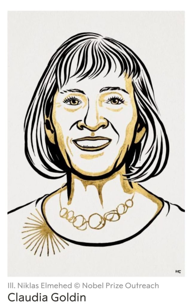 Ilustração de Claudia Goldin sorrindo, com traços pretos e detalhes dourados.