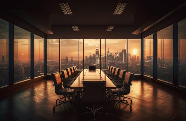 sala de um escritório com uma mesa rodeada de cadeiras com o pôr do sol de uma cidade ao fundo. A foto ilustra o que é uma holding.