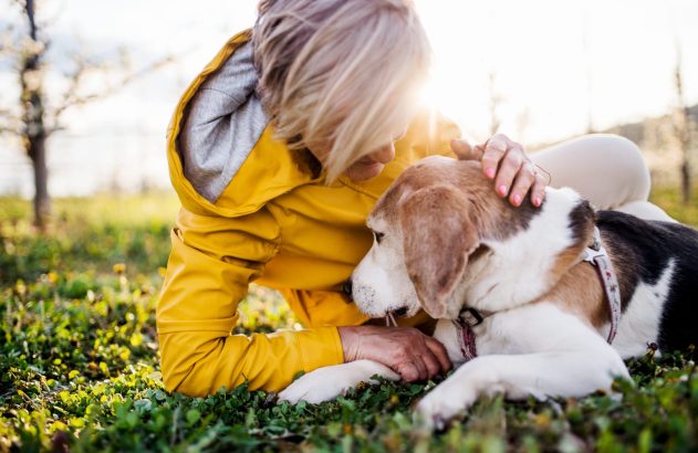 Mulher deitada na grama com cachorro