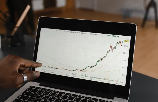 uma pessoa apontando para um gráfico em um laptop
