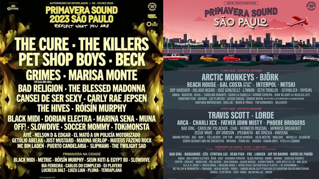 Pôsteres de dois festivais Primavera Sound SP: edição 2022 (Arctic Monkeys) e 2023 (The Cure).