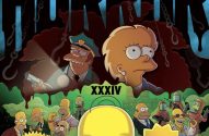 Pôster de "Treehouse of Horror XXXIV". Homer monstro, família Simpsons e moradores de Springfield transformados.