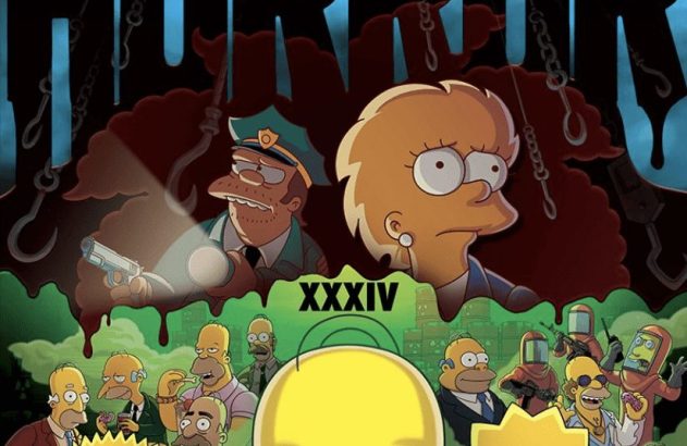 Pôster de "Treehouse of Horror XXXIV". Homer monstro, família Simpsons e moradores de Springfield transformados.