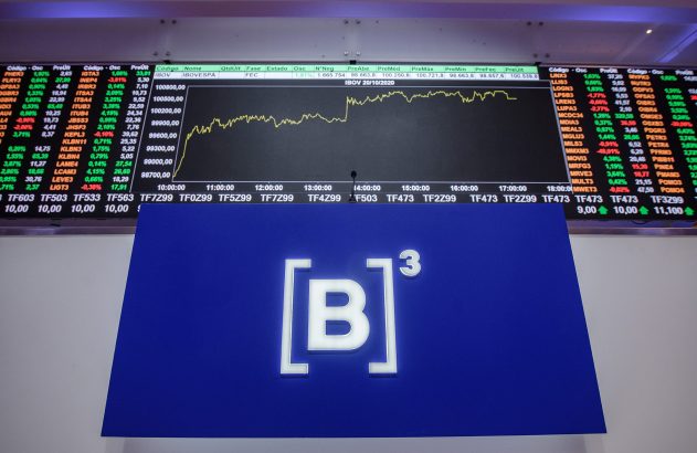 Foto mostrando a logo da B3 com um gráfico de ações em cima, ilustrando o tema "mini-índice (WIN)"