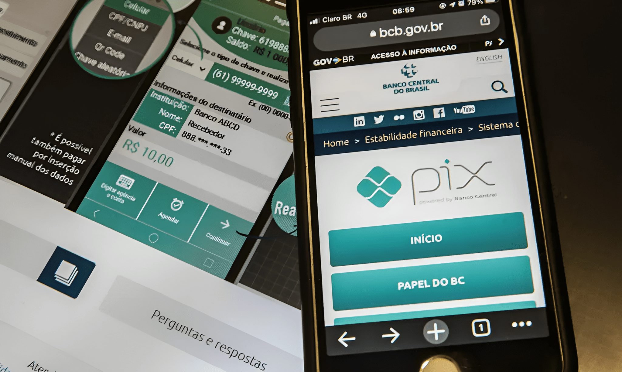 Imagem mostrando um celular no site do Banco do Brasil, apresentando sua página de PIX, à frente de outra tela com um passo a passo para fazer o PIX pix no imposto de renda