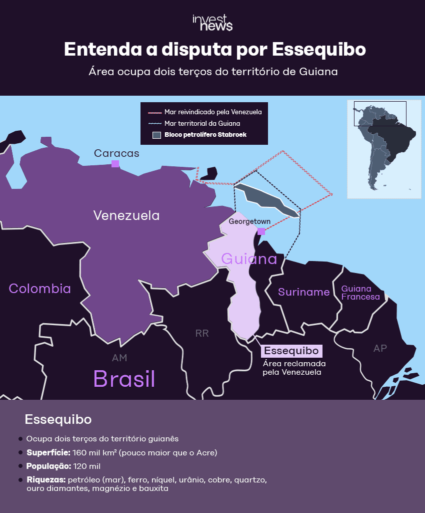 Disputa por Essequibo: mapa detalha reivindicações de terra e mar entre Venezuela e Guiana, incluindo bloco petrolífero.