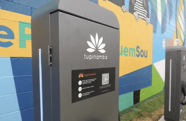 Carregador de veículo elétrico Tupinambá com QR code e instruções, ao lado de um mural colorido.