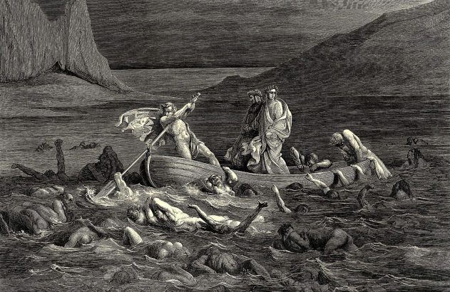 Ilustração sombria: um barco com figuras navega águas turbulentas repletas de corpos lutando.