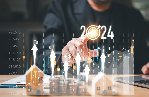 Mão interage com gráfico financeiro 3D mostrando crescimento para 2024, casas e moedas.