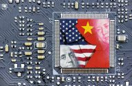 Chip de computador com bandeiras dos EUA e China e líderes. Tensão tecnológica global.