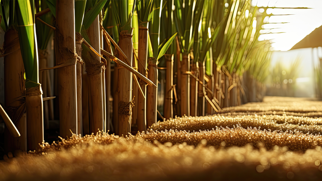 Plantação de caules altos e verdes em fila, com caminho de cascas e forte luz solar ao fundo.