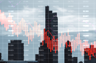 Gráfico vermelho em queda de mercado sobre paisagem urbana, com destaque para a desvalorização financeira.