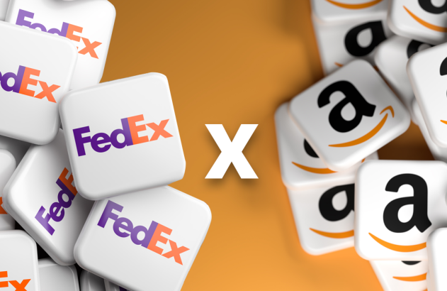 Montes de ícones FedEx e Amazon com 'X' branco central em fundo laranja.