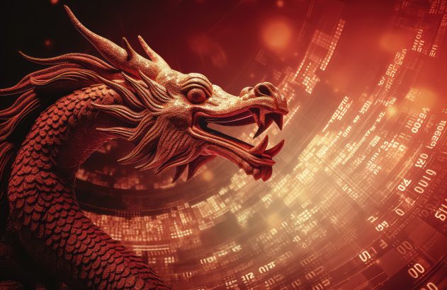 Dragão texturizado avermelhado com fundo digital vibrante de dados e luzes.