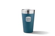 Copo térmico azul com borda metálica e logo Burger King, sobre fundo branco com sombra.