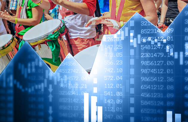Pessoas tocando tambores (um com cores do Brasil), com sobreposição de um gráfico financeiro azul e dados numéricos.