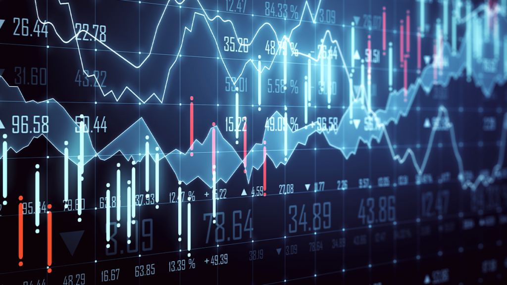 Gráfico de dados financeiros com linhas, barras e números exibindo tendências de mercado.