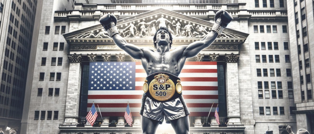 Pugilista campeão com cinto de ouro e braços erguidos em vitória, em frente à Bolsa de Valores de NY e bandeira dos EUA.