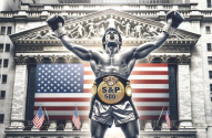 Pugilista campeão com cinto de ouro e braços erguidos em vitória, em frente à Bolsa de Valores de NY e bandeira dos EUA.