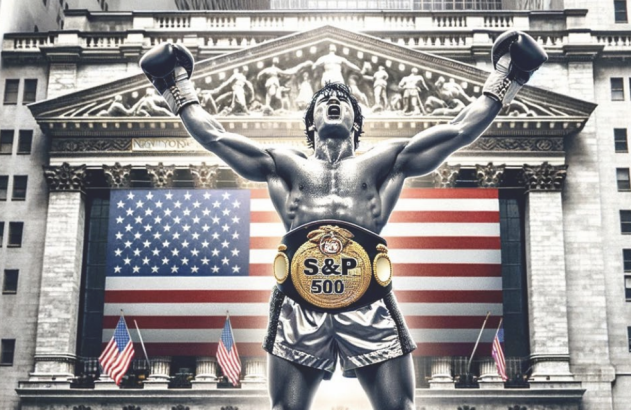 Pugilista campeão com cinto de ouro e braços erguidos em vitória, em frente à Bolsa de Valores de NY e bandeira dos EUA.