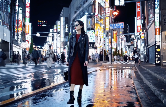 Mulher de jaqueta preta e vestido vermelho caminha por rua molhada à noite. Luzes neon refletem.